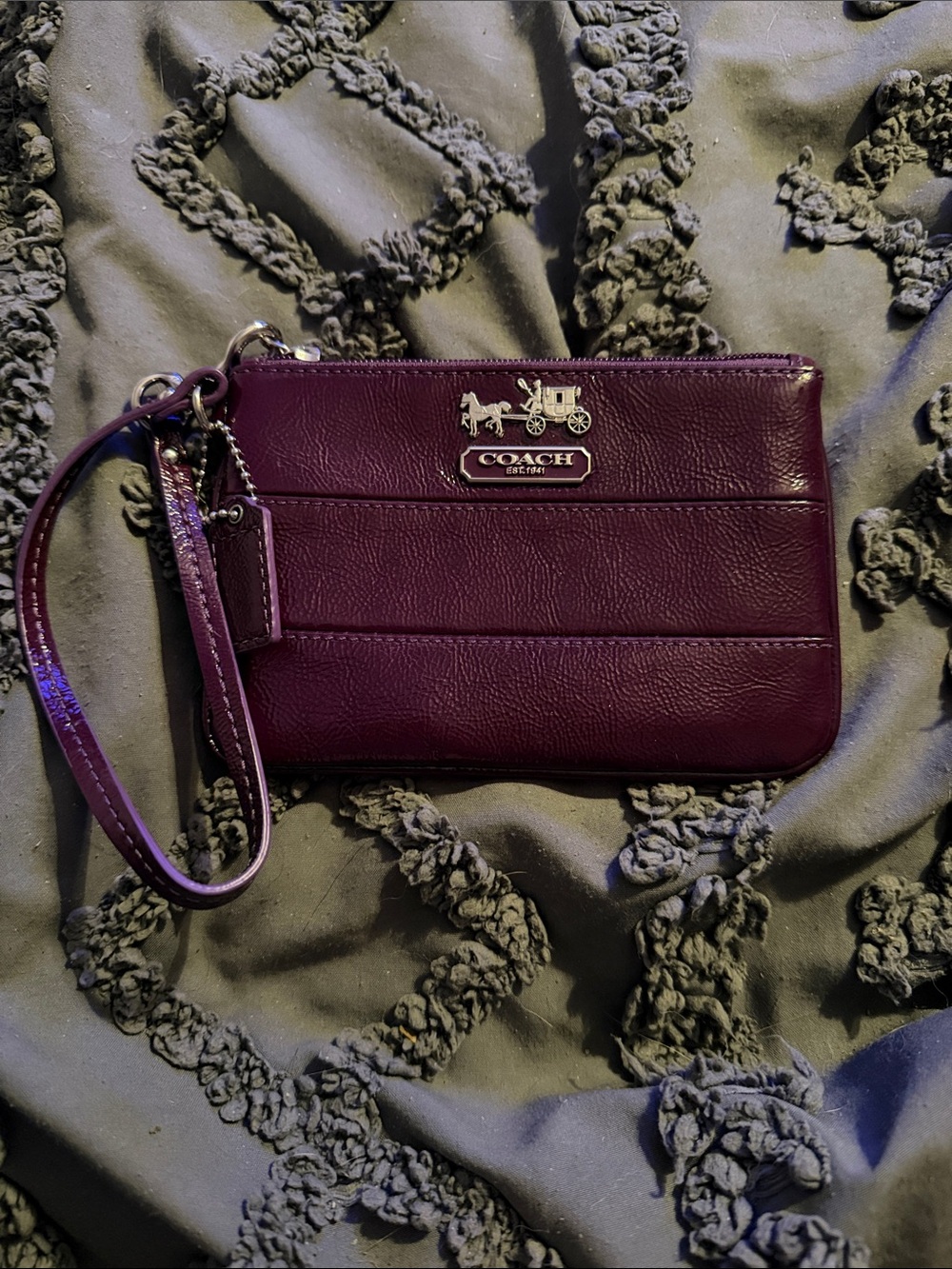 Coach Plum Leather Wristlet with Silver Logo